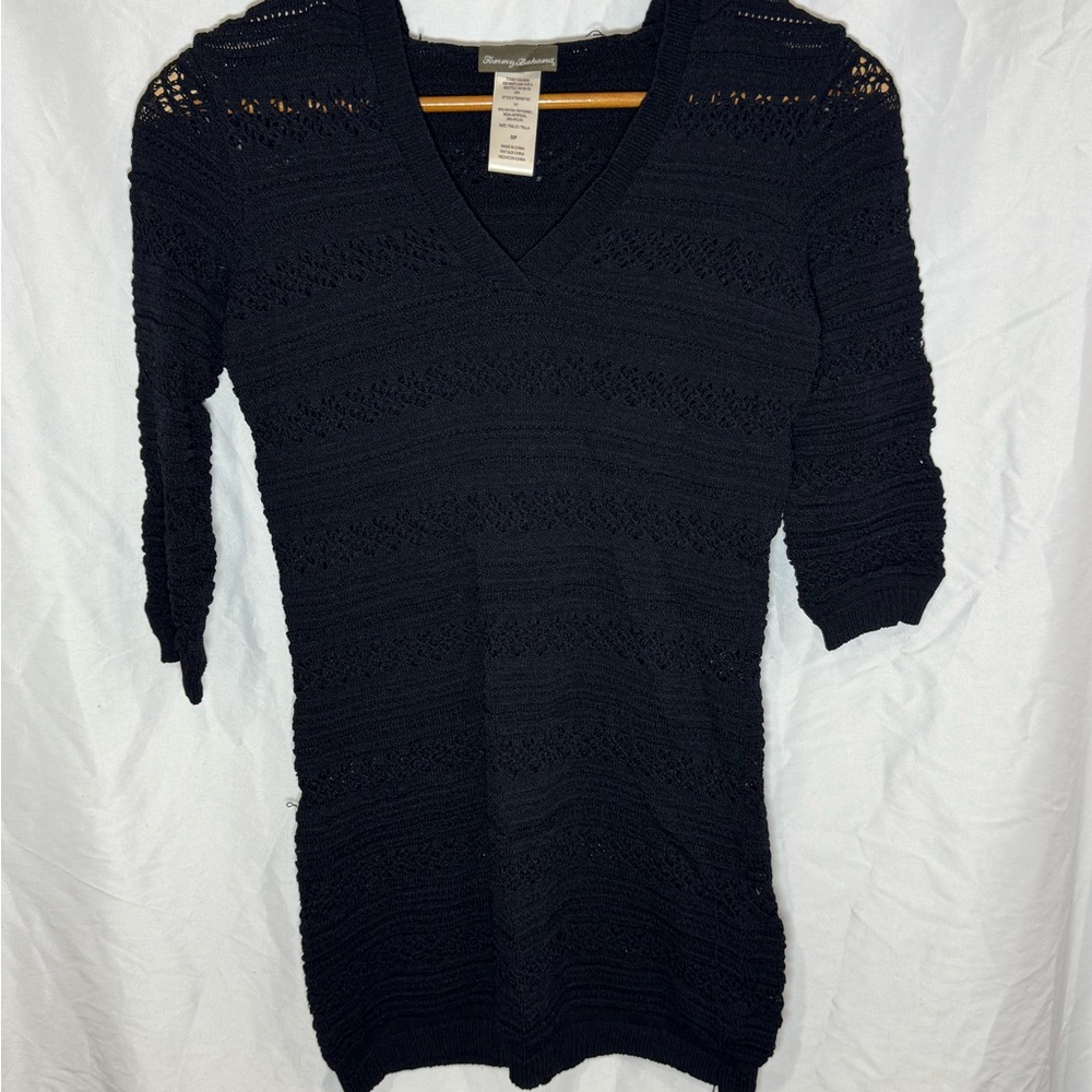 Tommy Bahama Black Long Sleeve Crochet Knit Hooded Dress/Swim Cover